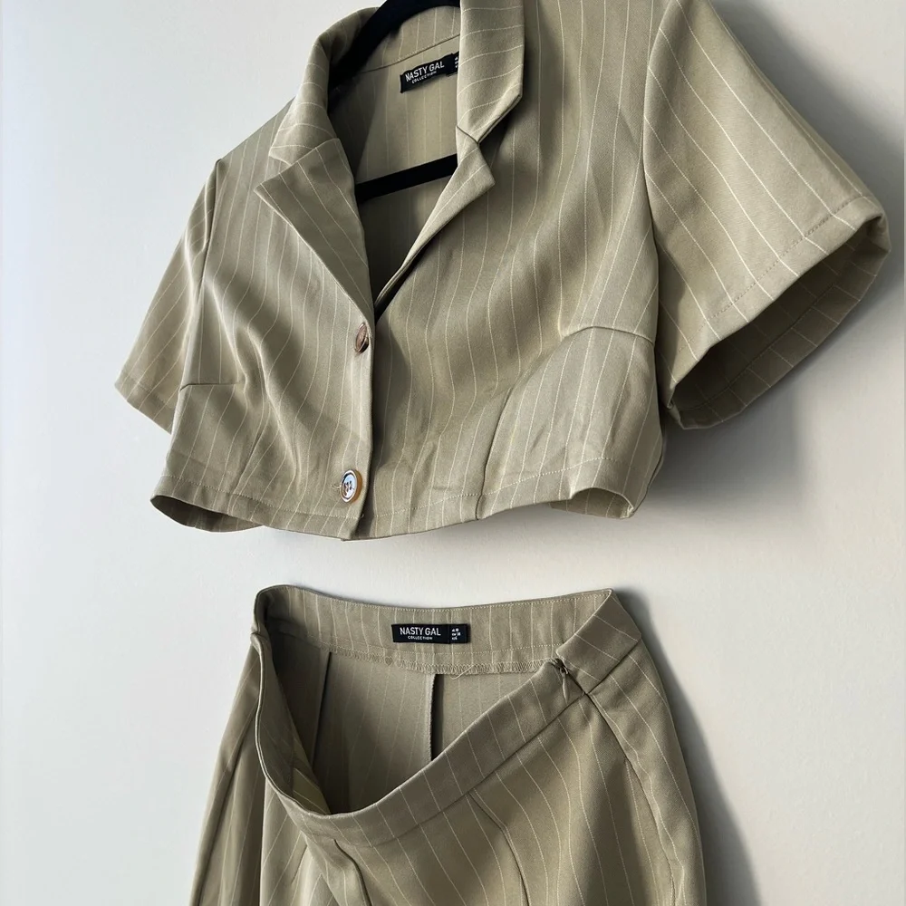 Nasty Gal Olive Pinstripe Cropped Blazer & High-Waist Trousers Set